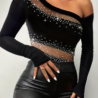 Bluzki damskie - TEMU Elegancka Tunika z Długim Rękawem i Ozdobnymi Kryształami dla Pań - Biała Bluzka ze Świecącym Cekinowym Kołnierzem, Pranie w Pralce na Wszystkie - miniaturka - grafika 1