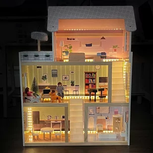 DOMEK DLA LALEK DREWNIANY LED  62x27x77CM + 3 LALKI + 2 ZWIERZĄTKA - Domki dla lalek - miniaturka - grafika 3