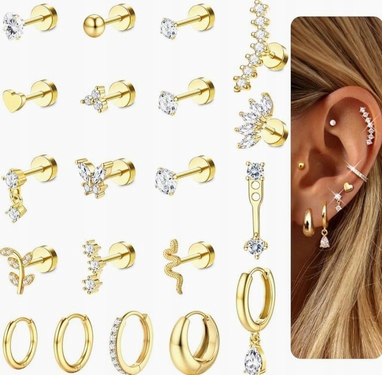 KOLCZYKI 20 SZTUK STAL CHIRURGICZNA PŁASKIE HELIX TRAGUS MUSZLA STOKROTKA