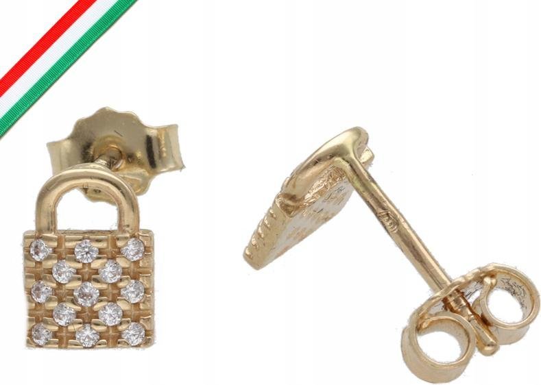 Złote kolczyki 585 kłódki z cyrkoniami 1,38g eleganckie dla niej na sztyft