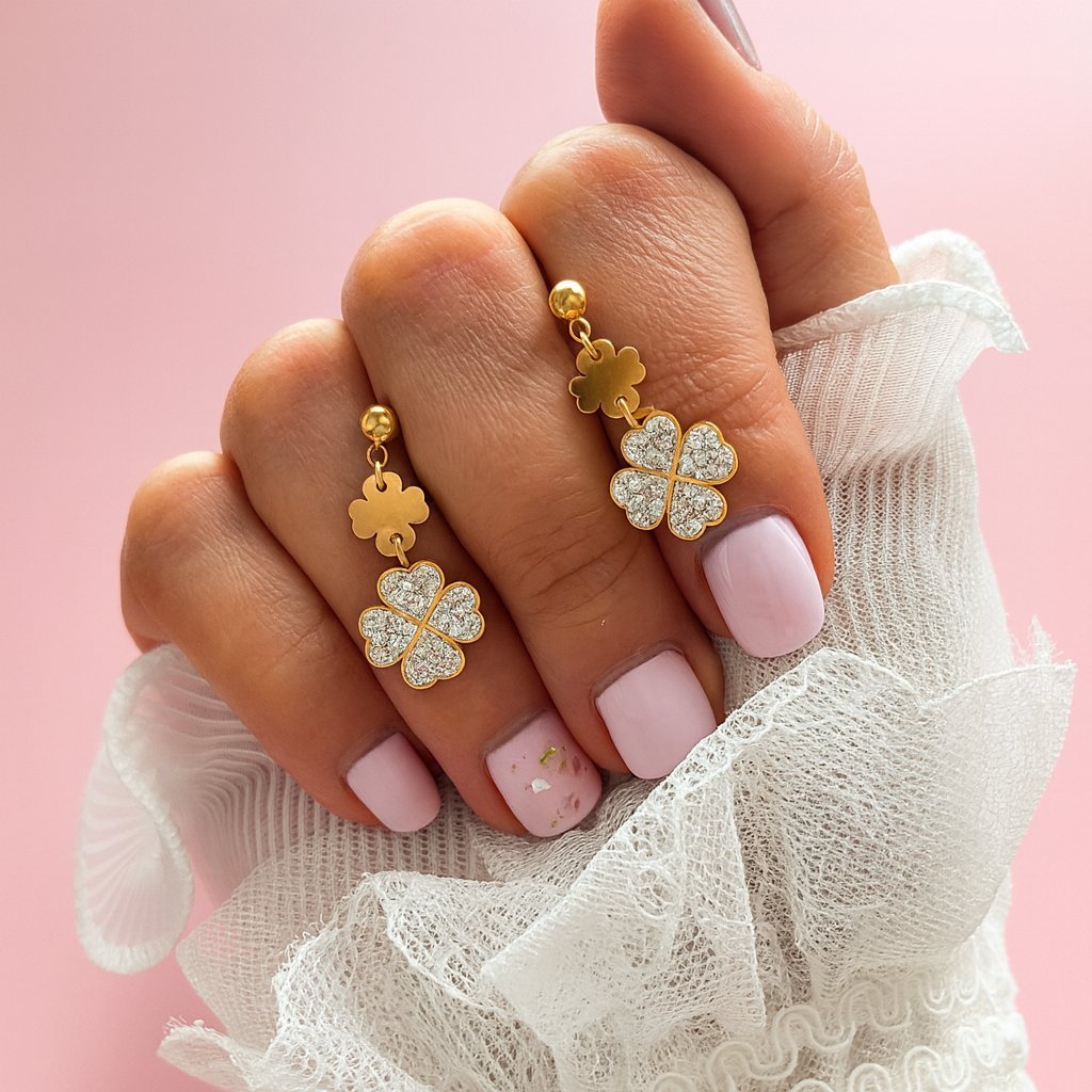 Kolczyki Felice - Złote Koniczynki z Cyrkoniami Szczęście Stal Chirurgiczna Sztyfty