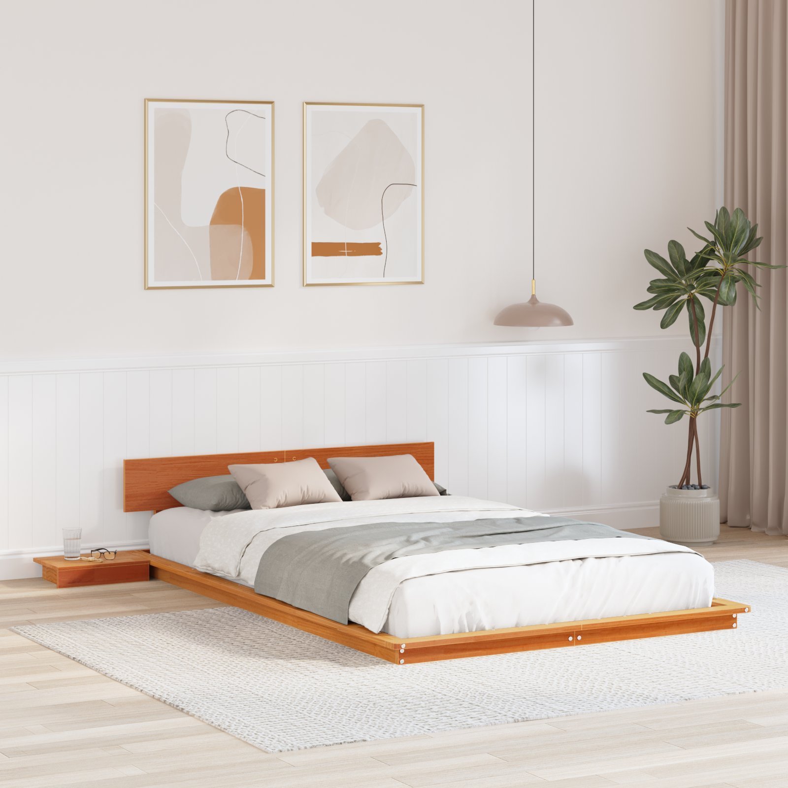 vidaXL Rama Łóżka na Podłodze ze Stolikiem Nocnym Woskowany Brąz 135x190cm Lite Drewno