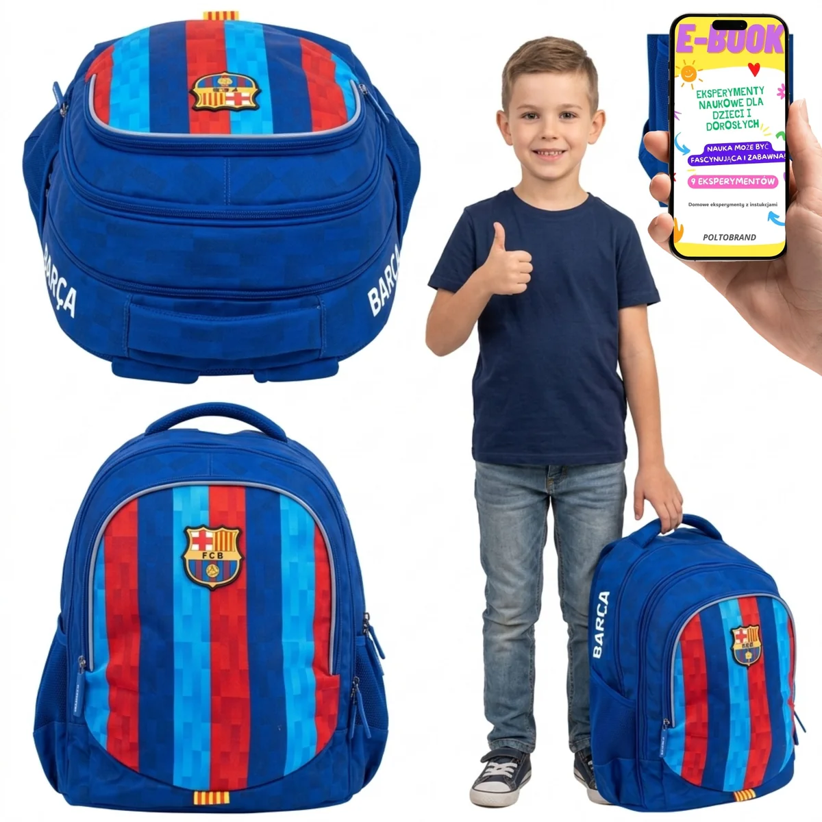 Plecak Szkolny FC Barcelona dla Chłopca Trzykomorowy Plecak Dla Piłkarza Chłopca Do Szkoły + E-BOOK