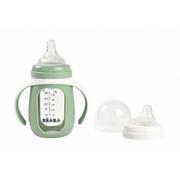 Butelki dla niemowląt - Beaba Szklana butelka treningowa w silikonowej osłonce 2w1 Sage green 210 ml - miniaturka - grafika 1