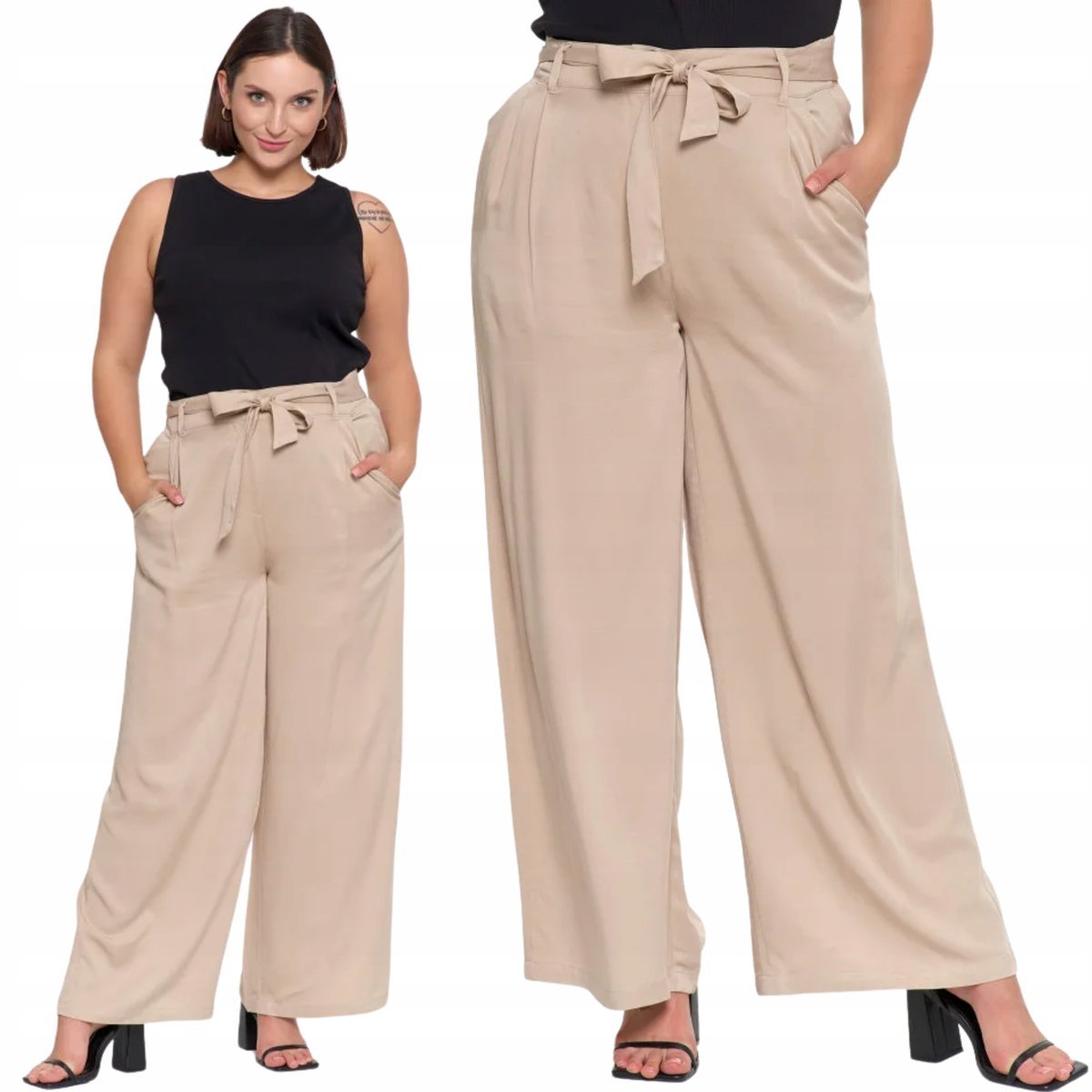 SPODNIE SZEROKIE DAMSKIE Z WYSOKIM STANEM ELEGANCKIE WISKOZA MORAJ L BEIGE