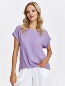Bluzki damskie - Fioletowa bluzka z krótkim podwiniętym rękawem - miniaturka - grafika 1