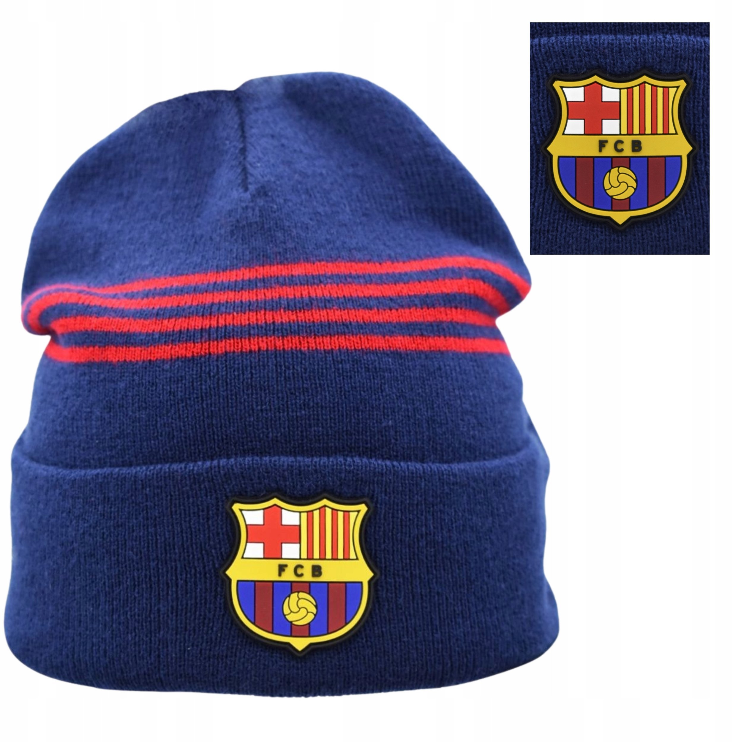 Czapka Zimowa Dla Dorosłych FC Barcelona Herb Logo Granatowa Paski Akrylowa