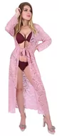 Stroje kąpielowe - Różowa, plażowa, koronkowa narzutka na strój kąpielowy w kwiatowy wzór John Zack - miniaturka - grafika 1