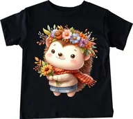 Koszulki dla dziewczynek - czarna Koszulka z jeżem dla dziewczynki - wzór jeż72 - miniaturka - grafika 1
