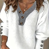 Swetry damskie - TEMU Sweter damski z dekoltem w serek i detalem na guziki - kolorowy design, swobodny krój, miękka tkanina do codziennego noszenia, średnioelastyczna - miniaturka - grafika 1