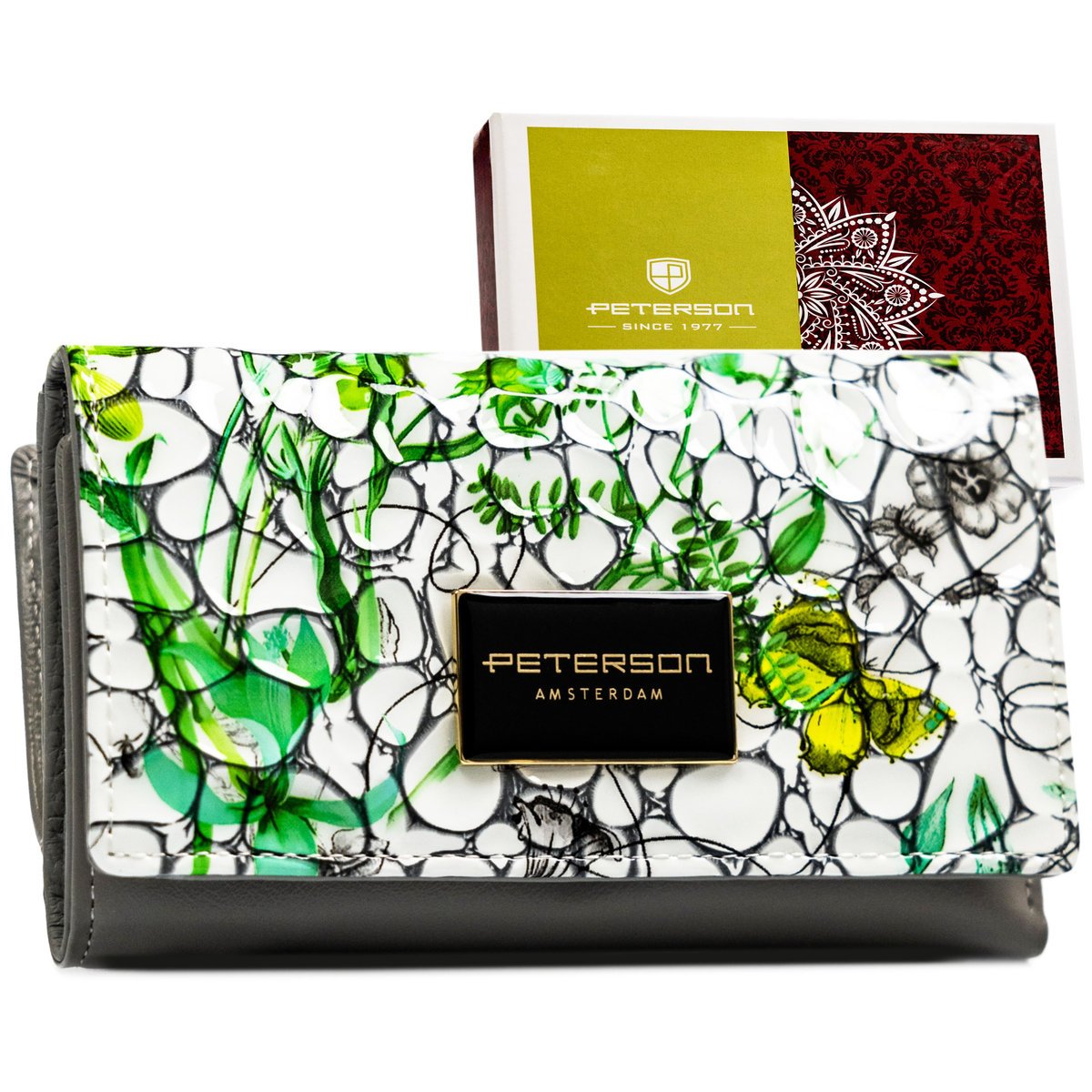 Portfel damski z lakierowanej skóry naturalnej szary z zielonym akcentem średniej wielkości portmonetka na zatrzask i suwak rozbudowany na karty pud..