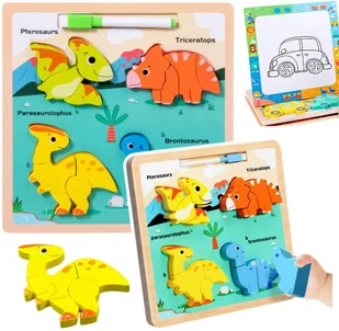 Układanka Tablica 2w1 Drewniana Edukacyjna Dinozaury Pisak - Zabawki interaktywne dla dzieci - miniaturka - grafika 1