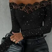 Inne - TEMU T-shirt Z Kontrastową Koronką Z Odkrytymi Ramionami, Luźny Top Z Długim Rękawem, Odzież Damska - miniaturka - grafika 1