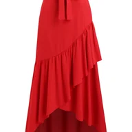 Spódnice - TEMU Elegancka Czerwona Spódnica z Elastycznym Pasem i Falbanką dla Kobiet - Poliester, Nieelastyczna, Możliwość Prania w Pralce, Idealna na Letnią - miniaturka - grafika 1
