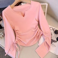 Bluzki damskie - TEMU Elegancka Damska Koszulka z Długim Rękawem i Dekoltem w Serek - Jednokolorowy, Elastyczny Pulower, Casualowy Top na Każdą Porę Roku, Jasnoszary, - miniaturka - grafika 1