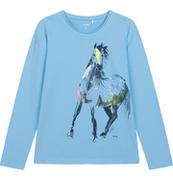 Bluzki dla dziewczynek - T-shirt z długim rękawem dla dziewczynki, z koniem, błękitny 9-13 lat - miniaturka - grafika 1