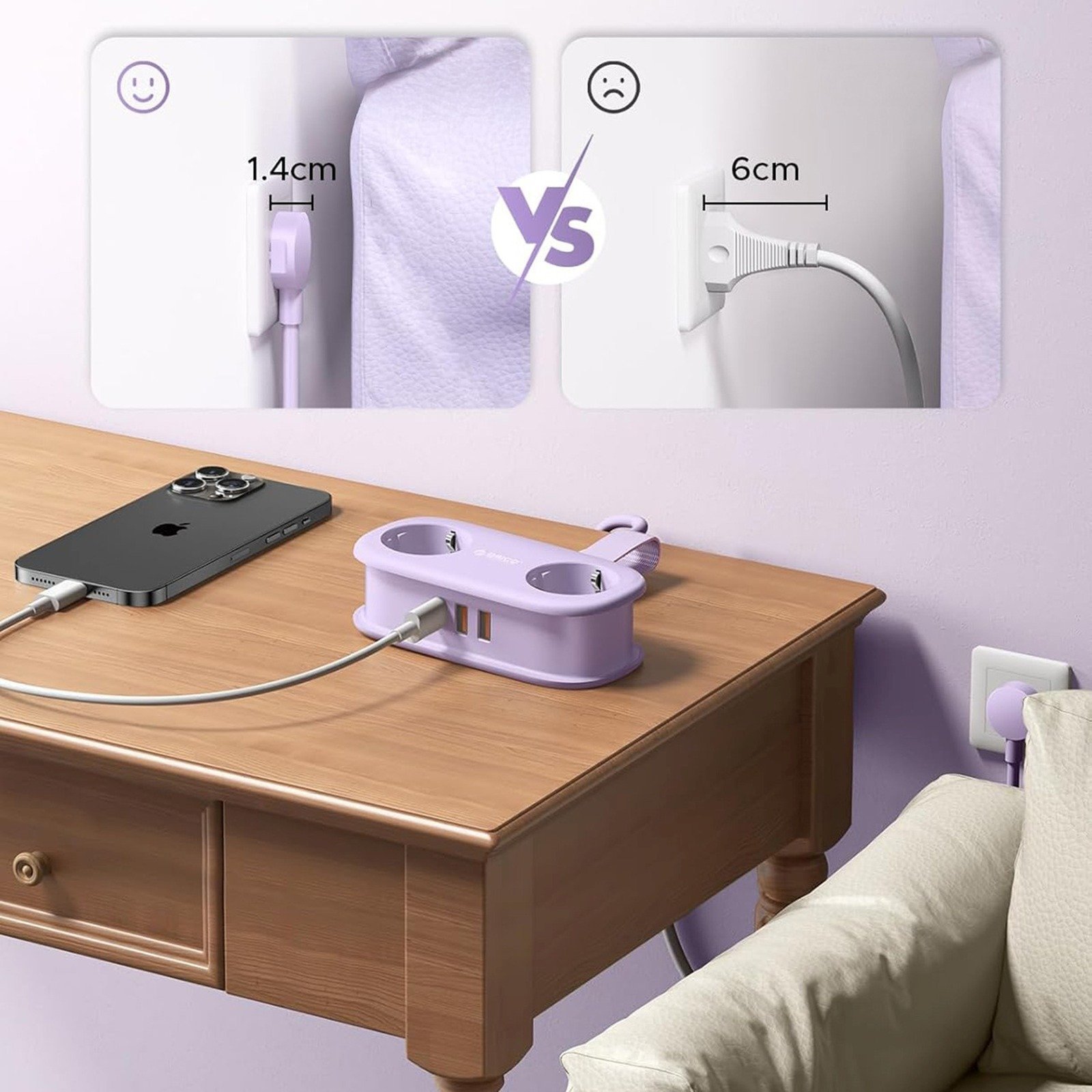 Listwa zasilająca Orico Listwa zasilająca Orico AP3 20W GaN 5w1 2x AC + 2x USB-A + 1x USB-C - fioletowa