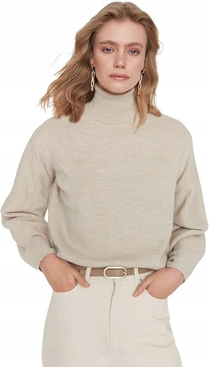 TRENDYOL BEŻOWY SWETER Z GOLFEM I LUŹNYM FASONEM DAMSKI L 7BA