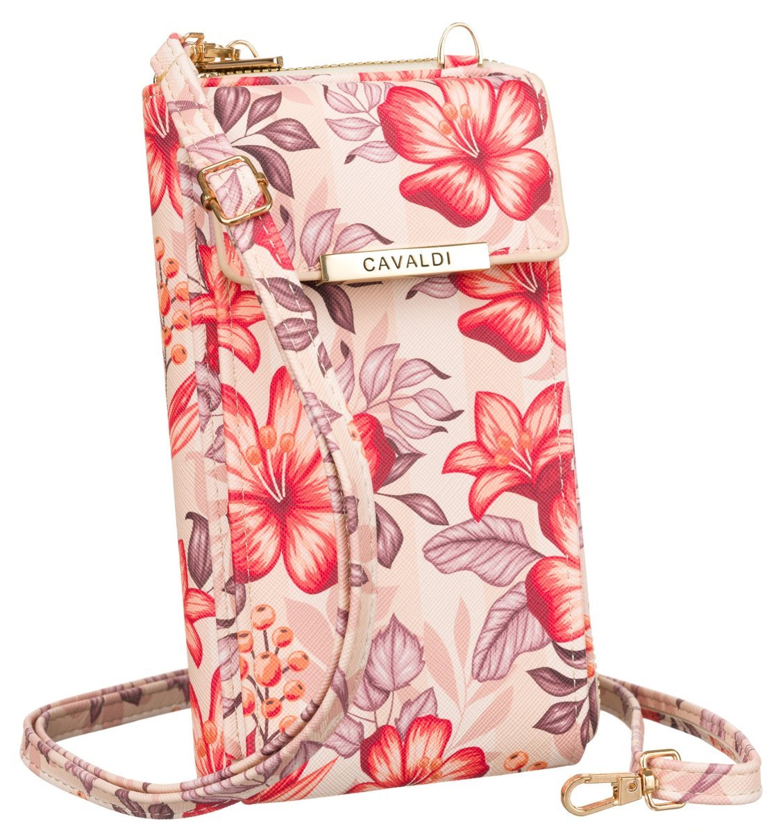 Mini torebka damska na ramię crossbody portfel na karty i telefon kwiaty Cavaldi, różnokolorowy czerwony
