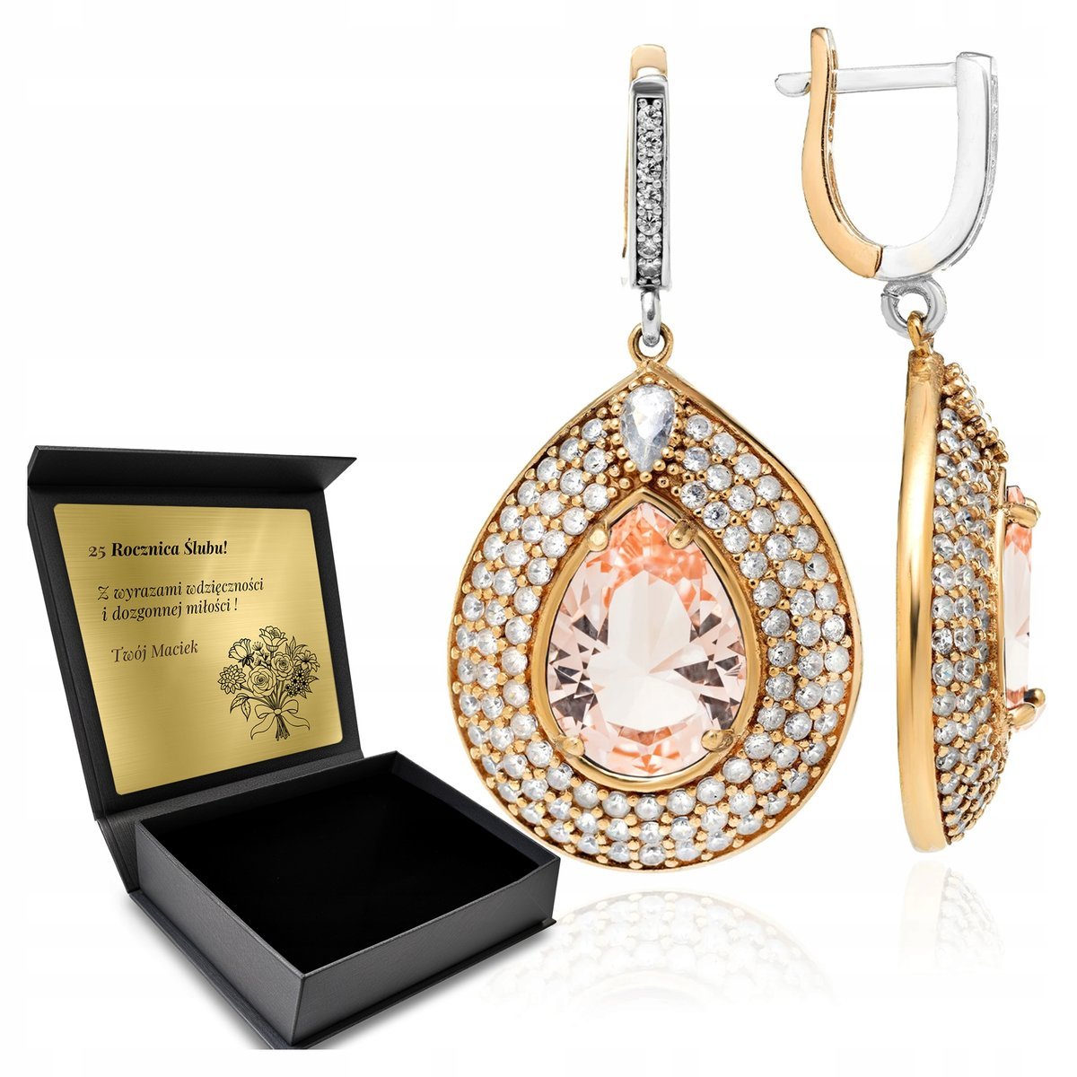 Kolczyki Srebrne 925 Cyrkonie I Morganit Biżuteria Dla Kobiety + Grawer