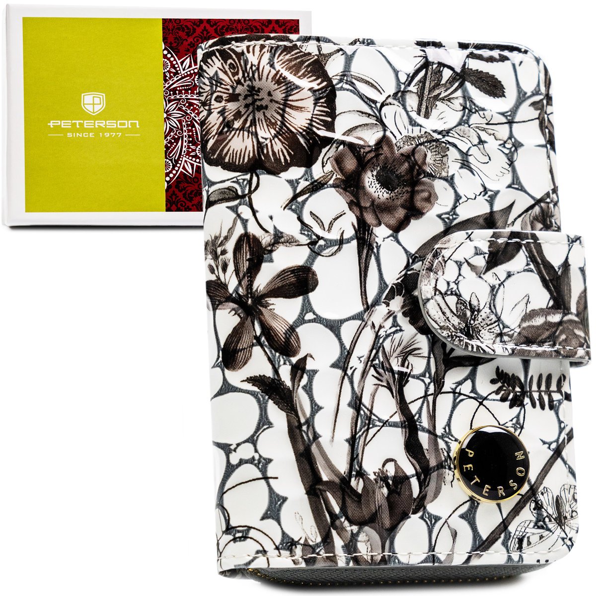Damski portfel Peterson skórzany lakierowany z ochroną kart RFID pojemny w kwiaty na zatrzask suwak ze skóry naturalnej biały czarny