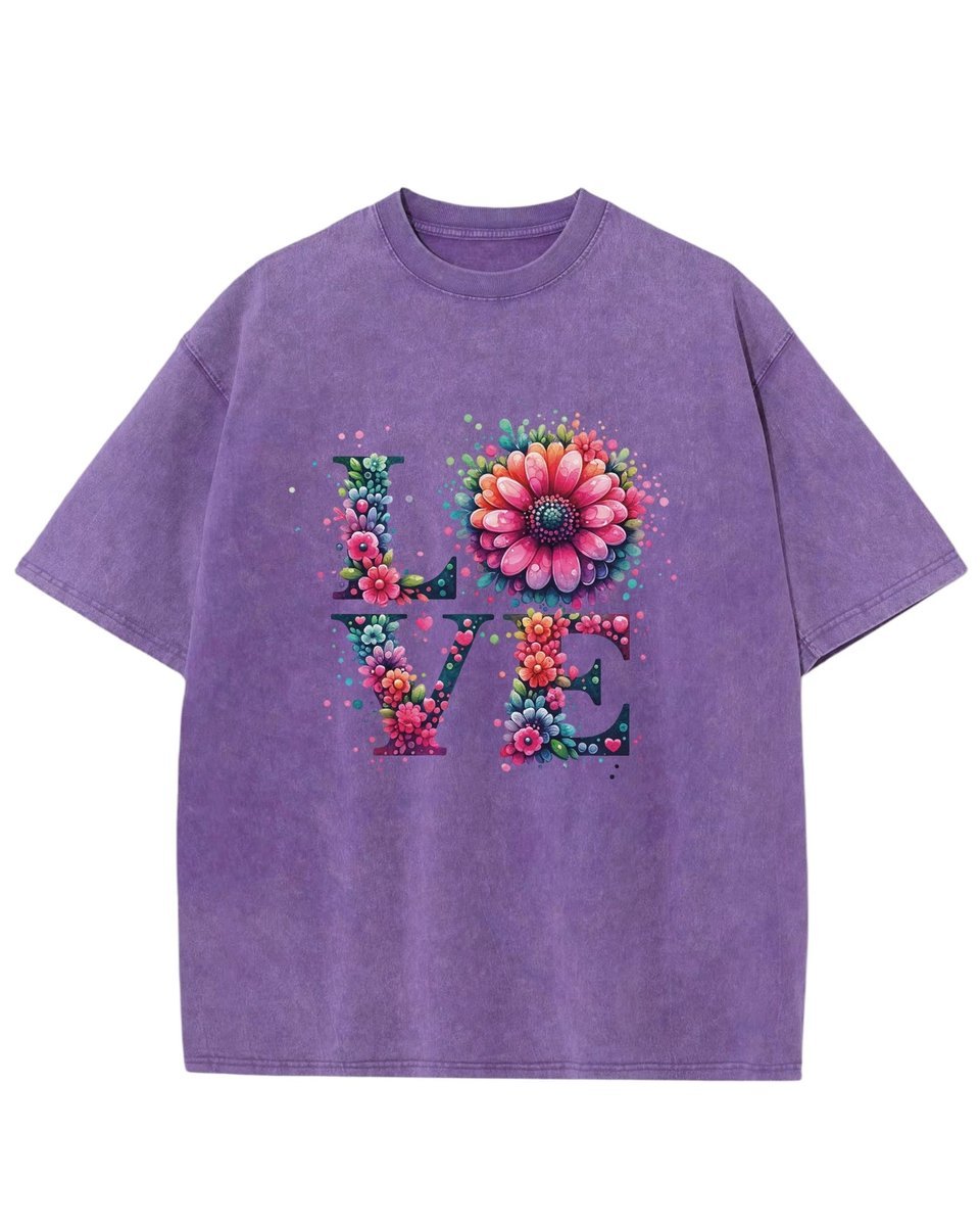 Męska koszulka oversize efekt sprania Miłość Love Kwiaty Fioletowa M