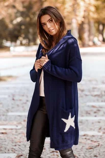 Kardigan z Kapturem i Motywem Gwiazdy - Granatowy - Swetry damskie - miniaturka - grafika 1