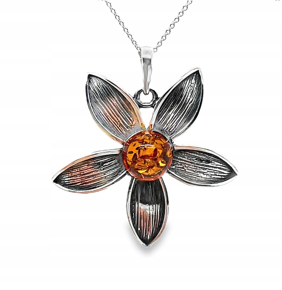 Zawieszka duża srebrna z bursztynem bałtyckim KWIAT srebro oksydowane