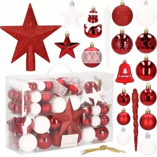 Bombki choinkowe 105 szt. czerwone, białe zestaw choinkowy ozdoby świąteczne CA0860 - Bombki - miniaturka - grafika 1