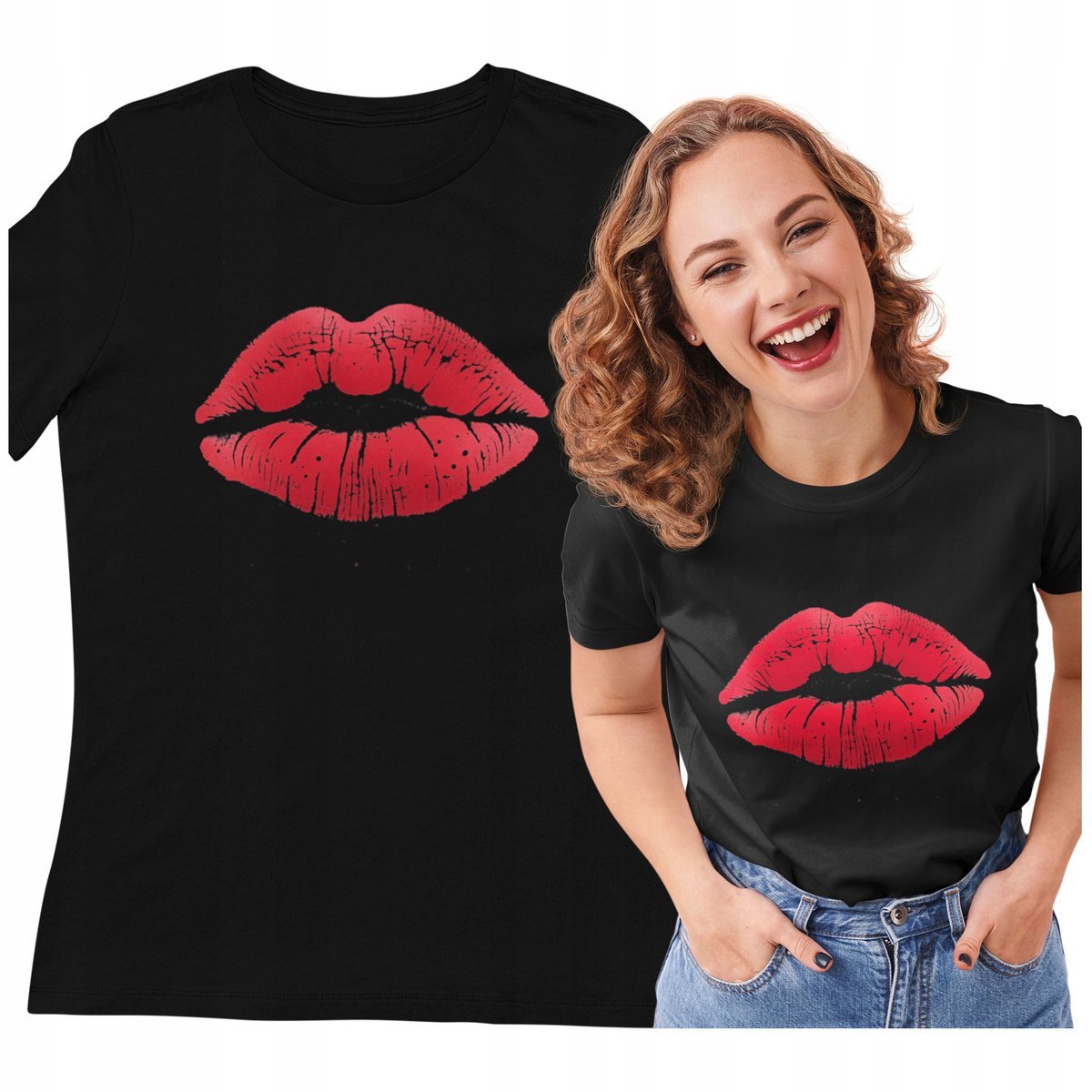 KOSZULKA DAMSKA Z USTAMI USTA RETRO LATA 80 CZARNY T-SHIRT DAMSKI