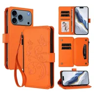 Portfele - Do iPhone'a 17 Pro Skórzane etui Motyl Kwiatowy nadruk Zipper Portfel Stojak Pokrowiec z paskiem na nadgarstek Pomarańczowy Orange - miniaturka - grafika 1