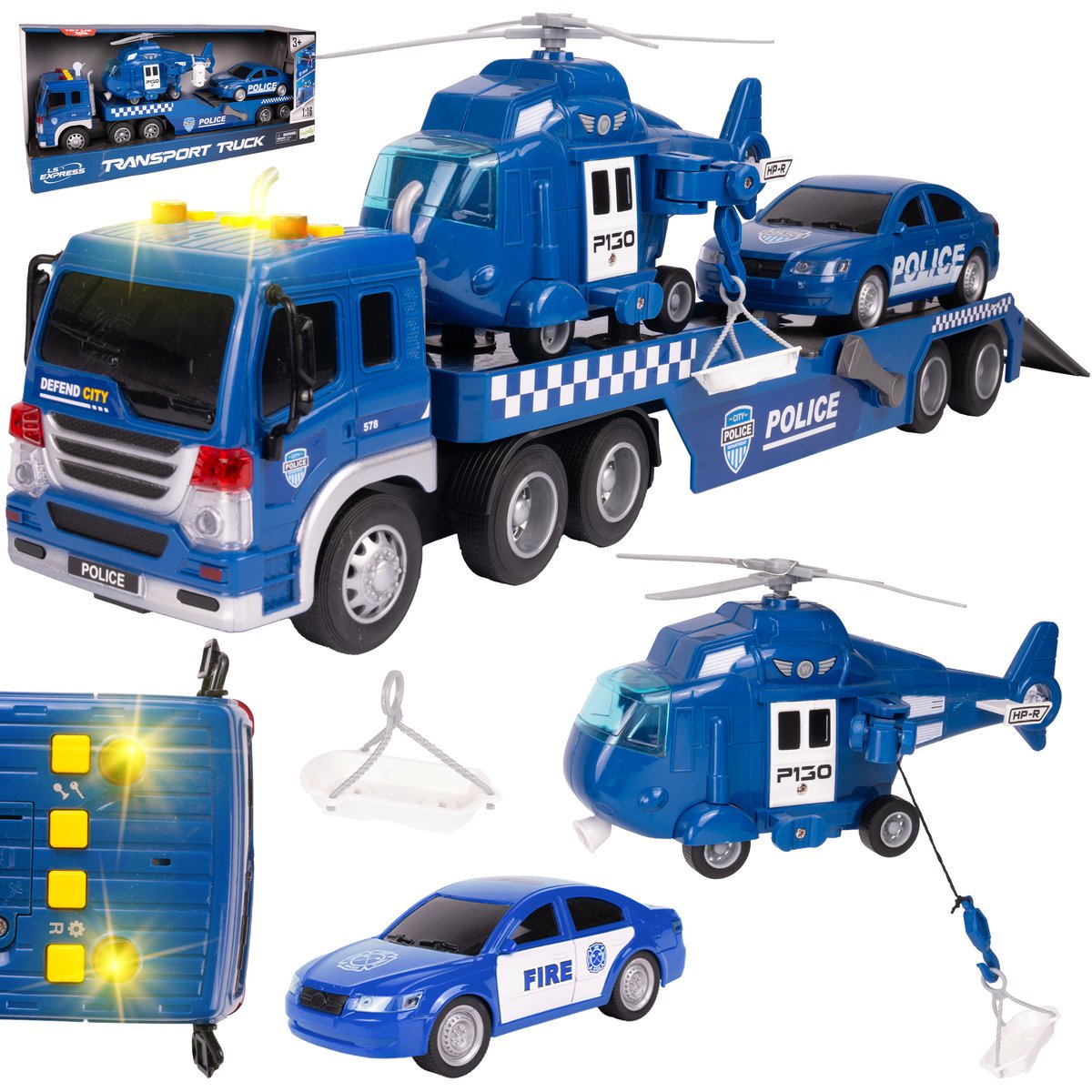 Laweta Policyjna Ciężarówka Zestaw Policja Helikopter Światło Dźwięk 1:16