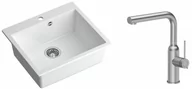 Zlewozmywaki z baterią - Quadron Zlewozmywak granitowy jednokomorowy 57*50*22 cm MORGAN 110 SNOW WHITE ze stalowym odpływem z baterią ANGELINA Q LINE z wyciąganą wylewką kolor stal szczotkowana - miniaturka - grafika 1