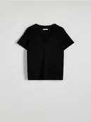Koszulki i topy damskie - Reserved - T-shirt regular z dekoltem V - czarny - miniaturka - grafika 1