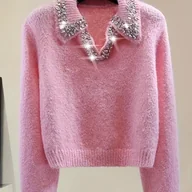 Swetry damskie - TEMU Elegancki różowy sweter z dekoltem w kształcie litery V z błyszczącymi kryształkami - przytulny kardigan dla kobiet, idealny na jesień/zimę, - miniaturka - grafika 1