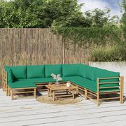 Meble ogrodowe - 9-cz. zestaw mebli do ogrodu, zielone poduszki, bambus vidaXL - miniaturka - grafika 1