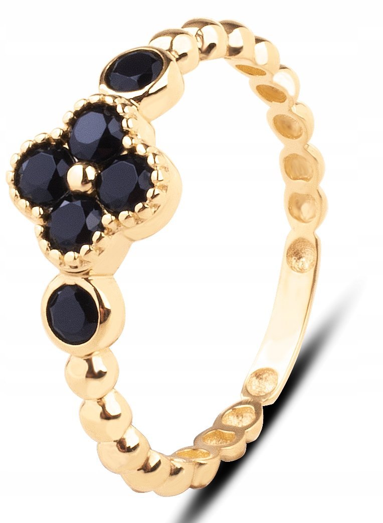 PIĘKNY DAMSKI ZŁOTY PIERŚCIONEK KWIATUSZEK Z CZARNYMI KAMIENIAMI 14KT 585