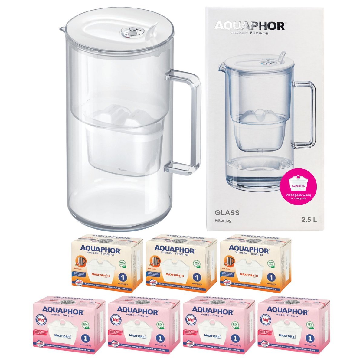 Dzbanek filtrujący szklany Aquaphor Glass biały + 7 filtrów Maxfor (4Mg+3H)
