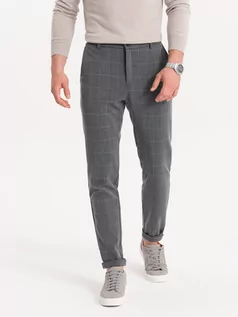 Spodnie męskie - Spodnie męskie z gumką w pasie w delikatną kratę - szare V2 OM-PACP-0120 - grafika 1