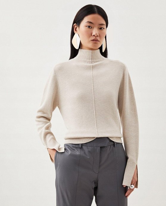 KAREN MILLEN SWETER BEŻOWY Z WEŁNĄ GŁADKI XS 1Y1O