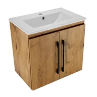 Szafki łazienkowe - Wisząca szafka do łazienki drzwiczki umywalka ceramiczna półeczka dąb lancelot - miniaturka - grafika 1