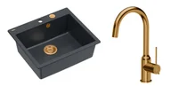 Zlewozmywaki z baterią - Quadron Unique Zlewozmywak granitowy jednokomorowy 57*50*22 cm MORGAN 110 BLACK DIAMOND z syfonem Push-2-Open w kolorze miedzianym z baterią INGRID Q LINE kolor miedziany - miniaturka - grafika 1