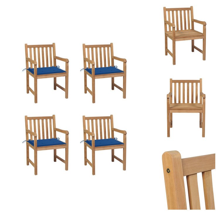 vidaXL Krzesła ogrodowe 4 szt. z niebieskimi poduszkami z litego drewna tekowego - Krzesła ogrodowe