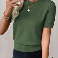 Swetry damskie - TEMU Damski Letni Casualowy Modny Dopasowany Jednokolorowy Okrągły Dekolt Sweter T-Shirt Bluzka - miniaturka - grafika 1