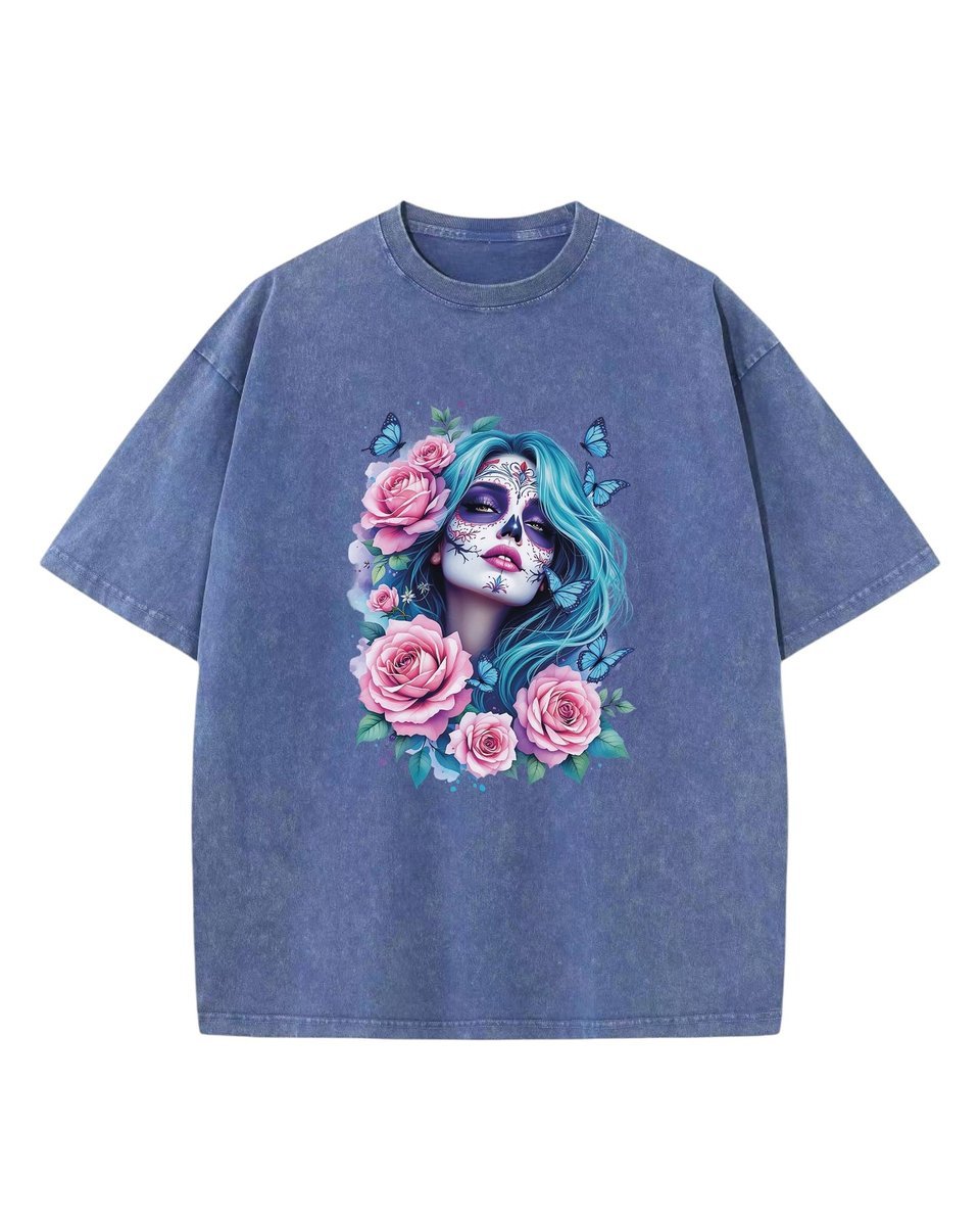 Koszulka oversize efekt sprania Kobieta Kwiaty niebieski S