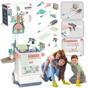 Zabawy w naśladowanie dorosłych - ZESTAW SPRZATAJĄCY DLA DZIECI STOJAK MIOTŁA SZUFELKA WÓZEK NA KOŁACH 15 EL. - miniaturka - grafika 1