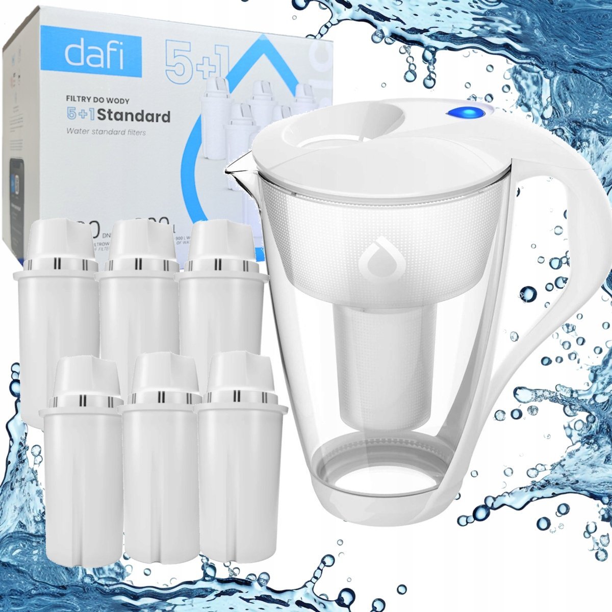 Dafi CRYSTAL LED szklany biały dzbanek filtrujący + 6 filtrów CLASSIC