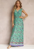 Sukienki - Zielona Sukienka Maxi we Wzór Pailsey z Rozkloszowanym Dołem i Gumką w Talii Kinslei - miniaturka - grafika 1