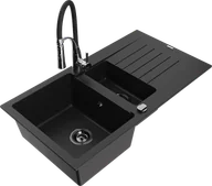 Zlewozmywaki z baterią - Mexen Matias zlewozmywak granitowy 1,5-komorowy z ociekaczem i baterią kuchenną Aster, czarny - 6502-77-73450-07-B - miniaturka - grafika 1