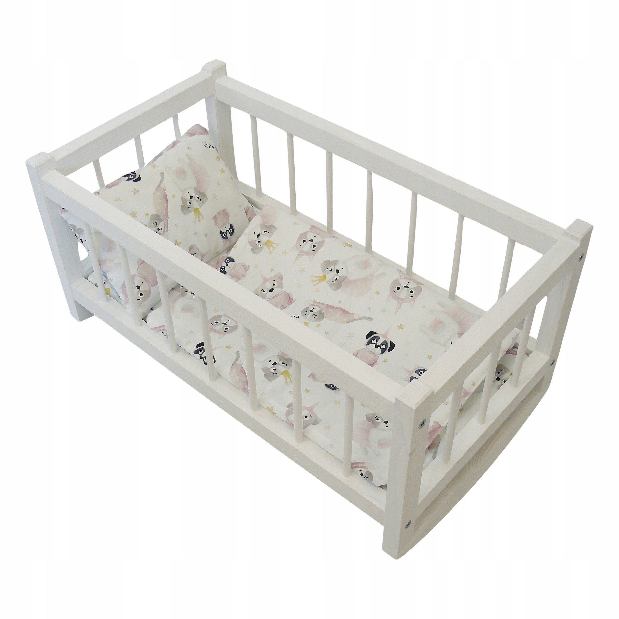 Drewniana Kołyska Łóżeczko Dla Lalek Białe Pościel Pieski Pokój